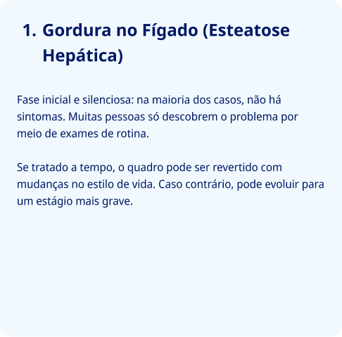 Gordura no Fígado (Esteatose Hepática)  Fase inicial e silenciosa: na maioria dos casos, não há sintomas. Muitas pessoas só descobrem o problema por meio de exames de rotina.  Se tratado a tempo, o quadro pode ser revertido com mudanças no estilo de vida. Caso contrário, pode evoluir para um estágio mais grave.